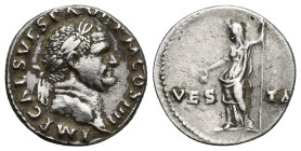 Vespasian, 69-79. Denarius (Silver, 18mm, 3.3 g), Rome, 72-73. IMP CAES VESP AVG P M COS IIII Laureate head of Vespasian to right. Rev. VES-TA Vesta s...