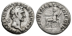 Traianus (98-117 AD). AR Denarius (17mm, 3.4 g), Roma (Rome), 98-99 AD. Obv. IMP CAES NERVA TRAIAN AVG GERM, laureate head right. Rev. PONT MAX TR POT...