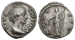 Diva Faustina Senior AR Denarius. (17mm, 3.5 g) Rome, AD 141-146. DIVA FAVSTINA, draped bust right / AVGVSTA, Ceres, veiled, standing left, holding co...