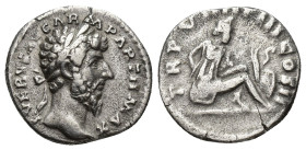 Lucius Verus. A.D. 161-169. AR denarius. (16mm, 3.1 g). Rome mint. Struck A.D. 165. His laureate head right; L VERVS AVG ARM PARTH MAX / Parthian capt...