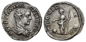 Geta, as Caesar, 198 - 209 AD Silver Denarius, Rome Mint, (18mm, 3.1 g). Obverse: P SEPTIMIVS GETA CAES, Draped and cuirassed bust of Geta right. Reve...