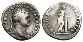 DOMITIAN (Caesar, 69-81). Denarius. (17mm, 3.3 g) Rome. Obv: CAESAR AVG F DOMITIANVS COS VI. Laureate head right. Rev: PRINCEPS IVVENTVTIS. Salus stan...