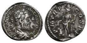 Macrinus (AD 217-218). AR denarius (17mm, 2.9). Rome, December AD 217. IMP C M OPEL SEV-MACRINVS AVG, laureate, draped bust of Macrinus right, seen fr...