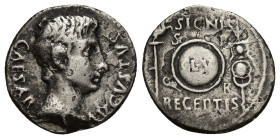 Augustus (27 BC-AD 14). AR denarius (17mm, 3.4 g). Spanish mint, ca. 19 BC. CAESAR-AVGVSTVS, bare head of Augustus right; dotted border / SIGNIS / REC...