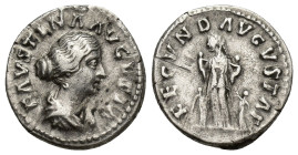 Faustina Jr., Issue by Marcus Aurelius & Lucius Verus, 161 AD Silver Denarius, Rome Mint, (17mm, 3 g) Obverse: FAVSTINA AVGVSTA, Draped bust of Fausti...