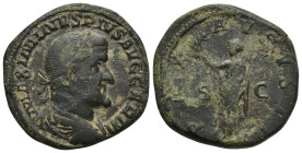 Maximinus I Æ Sestertius. (29mm, 22 g) Rome, AD 235-238. IMP MAXIMINVS PIVS AVG GERM, laureate, draped, and cuirassed bust right / PAX AVGVSTI, Pax st...