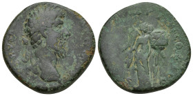 Marcus Aurelius. AD 161-180. Æ Sestertius (29mm, 23.1 g). Rome mint. Struck AD 166. Laureate head right / Victory standing right, holding palm and pla...