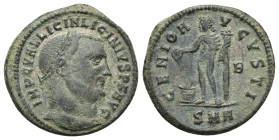 Licinius I BI Nummus. (22mm, 4.9 g) Nicomedia, AD 312. IMP C VAL LICIN LICINIVS P F AVG, laureate head to right / GENIO AVGVSTI, Genius, wearing modiu...