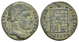 Constantine I BI Nummus. (19mm, 3.4 g) Antioch, AD 325-326. CONSTANTINVS AVG, laureate head to right / PROVIDENTIAE AVGG, camp gate with two turrets a...