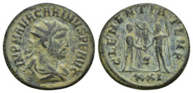 Carinus Æ Antoninianus. (20mm, 3.7 g) Kyzikos, AD 284. IMP M AVR CARINVS PF AVG, Radiate, draped and cuirassed bust right / CLEMENTIA TEMP, Jupiter st...