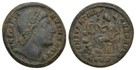 Constantine I Æ Nummus. (20mm, 3.5 g) Constantinople, AD 328. CONTANTINVS MAX AVG, rosette-diademed head right, looking upwards / CONSTANTINIANA DAFNE...