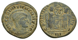 Barbarous Imitation. Ca. 4th century A.D. Æ 3 (18mm, 3.2 g). Barbarous mint. Crude legends, helmeted and cuirassed bust right / Two Victories placing ...