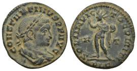 Constantine I Æ Nummus. (2m, 4.2 g) Lugdunum, AD 310-311. IMP CONSTANTINVS P F AVG, laureate and draped bust right, seen from rear / SOLI INVICTO COMI...