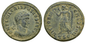 Crispus, as Caesar, Æ Nummus. (19mm, 3.5 g) Thessalonica, AD 319. D N FL IVL CRISPVS NOB CAES, laureate, draped and cuirassed bust right / VICTORIA CA...