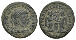 CONSTANTINE I THE GREAT (307-337). Follis. (17mm, 3.6 g) Siscia. Obv: IMP CONSTANTINVS P F AVG. Laureate, helmeted and cuirassed bust right. Rev: VICT...