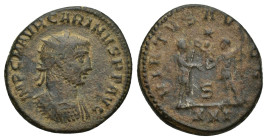 Carinus. A.D. 283-285. AE antoninianus (19mm, 4.1 g). Antioch mint, struck A.D. 283. IMP C M AVR CARINVS P F AVG, radiate and cuirassed bust right / V...