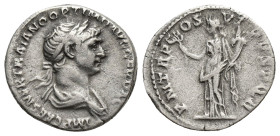 Traianus (98-117 AD). AR Denarius (18mm, 3.3 g), Rome, Obv. IMP CAES NER TRAIANO OPTIMO AVG GER DAC, Laureate and draped bust to right. Rev. P M TR P ...