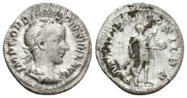 Gordian III AR Denarius. (19mm, 2.7 g) Rome, AD 240. IMP GORDIANVS PIVS FEL AVG, laureate, draped and cuirassed bust right / P M TR P III COS II P P, ...