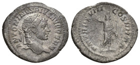 Caracalla AR Denarius. (19mm, 2.5 g) Rome, AD 216. ANTONINVS PIVS AVG GERM, laureate head right / P M TR P XVIII COS IIII P P, Serapis, wearing polos,...