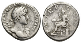 Hadrian 117-138. Ar Denarius. (18mm, 3.6 g) Rome. IMP CAESAR TRAIAN HADRIANVS AVG.Laureate webbed bust right. PM TR P COS III Concordia seated left on...