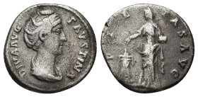 Diva Faustina I (wife of A. Pius) AR Denarius. (16mm, 3 g) Rome, circa AD 141-161. DIVA AVG FAVSTINA, draped bust to right / PIETAS AVG, Pietas, veile...