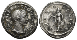 SEVERUS ALEXANDER (222-235). Denarius. (20mm, 3.1 g) Rome. Obv: IMP ALEXANDER PIVS AVG. Laureate, draped and cuirassed bust right. Rev: SPES PVBLICA. ...