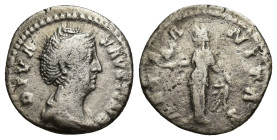 DIVA FAUSTINA I (Died 140/1). Denarius. (16mm, 3 g) Rome. Obv: DIVA FAVSTINA. Draped bust right. Rev: AETERNITAS. Aeternitas standing left, holding Ph...