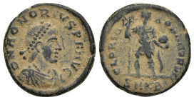Honorius. AD 393-423. Æ Follis (19mm, 5.6 g) DN HONORIVS PF AVG. Pearl-diademed, draped and cuirassed bust right. / GLORIA ROMANORVM / SMKB. Honorius ...