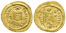 Maurice Tiberius (582-602 AD). AV solidus (21.5mm, 4.5 g), c. 583-601, Constantinople. Obv. D N MAVRC TIb P P AVC, Cuirassed bust facing, wearing plum...