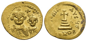 Heraclius, with Heraclius Constantine. Solidus (Gold, 20.9mm, 4.6 g), Constantinopolis, circa 616-625. dd NN hERACLIЧS ET hERA CONST PP AV Crowned, dr...