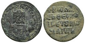 Romanus I Æ Nummus. (26mm, 6.6 g) AD 920-944. +RѠmAn' bASILЄVS RѠm', facing bust of Romanus I, bearded, wearing crown with cross and jewelled chlamys,...