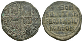 Leo VI the Wise, with Alexander. 886-912. Æ Follis (26mm, 6.9 g). Constantinople mint. Crowned figures of Leo and Alexander enthroned facing, holding ...