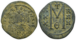 Michael II with Theophilus AD 820-829. Constantinople Follis Æ (30mm, 8.3 g). MIXAHL S ΘЄOFILOS, crowned facing busts of Michael and Theophilus, cross...