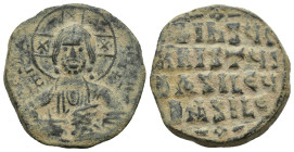 Anonymous Follis. Time of Basil II & Constantine VIII, (976-1025.AD) AE Follis (26mm, 9.1 g) Obv: Constantinople mint. Facing bust of Christ Pantokrat...