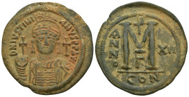 Byzantine Justinian I AD 527-565. Struck circa AD 538-539. Constantinople Follis Æ (42mm, 23.1 g). D N IVSTINIANVS P P AVG, crowned bust facing, cross...