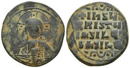 Anonymous Æ Nummus. (33mm, 15 g) Time of Basil II and Constantine VIII. Constantinople, circa AD 976-1065. Facing bust of Christ Pantokrator, holding ...