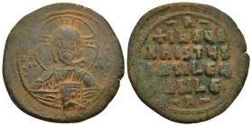 Anonymous Æ Nummus. (35mm, 19.5 g) Time of Basil II and Constantine VIII. Constantinople, circa AD 976-1025. Facing bust of Christ Pantokrator, holdin...