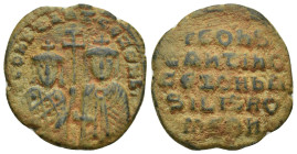 Constantine VII and Romanus AE Follis (24mm, 7.6 g) Constantinople 913-959 AD. CONST bASIL ROM, crowned bust of Constantine facing, with short beard a...