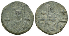 CONSTANTINE VI and IRENE. 780-797. Ae Follis (17mm, 2.5 g) Struck 792-797. Crowned bust of Irene, holding globus cruciger and sceptre / Crowned bust o...