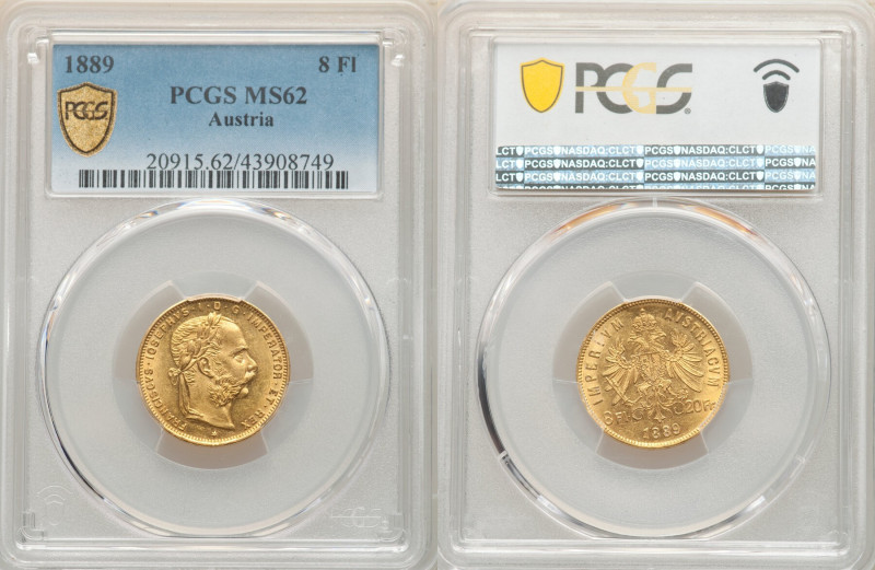 Franz Joseph I gold 8 Florins (20 Francs) 1889 MS62 PCGS, KM2269. 

HID098012420...