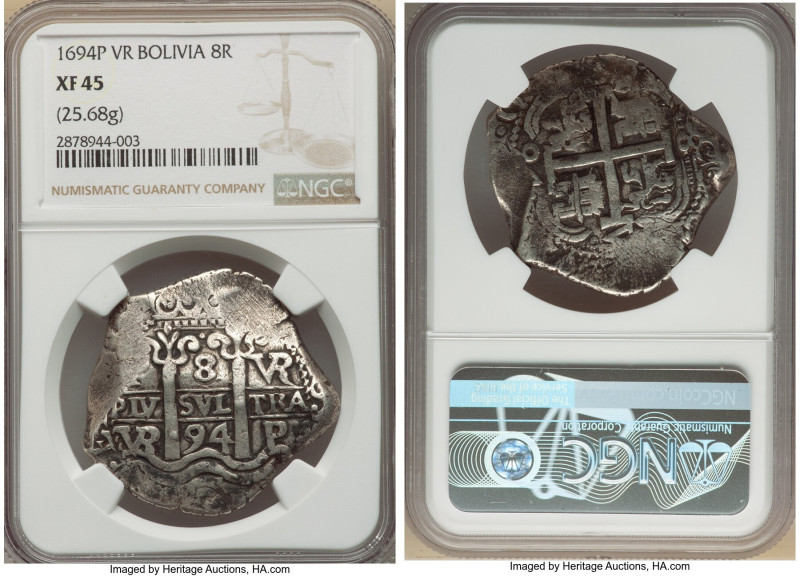 Charles II Cob 8 Reales 1694 P-VR XF45 NGC, Potosi mint, KM26. 25.68gm. 

HID098...