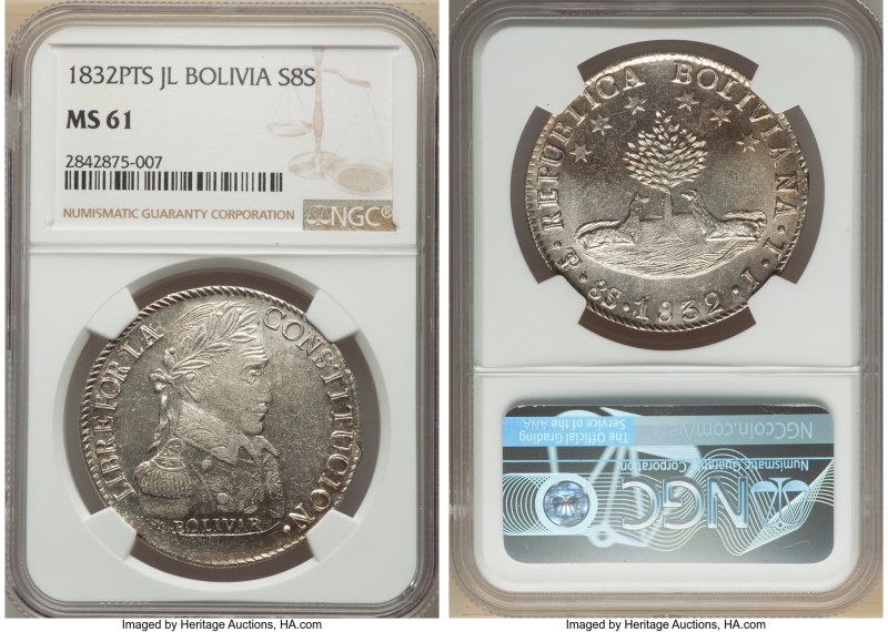 Republic 8 Soles 1832 PTS-JL MS61 NGC, Potosi mint, KM97. 

HID09801242017

© 20...