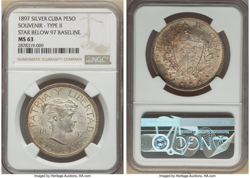 Republic Souvenir Peso 1897 MS63 NGC, Gorham mint, KM-XM2. Type II closely space...