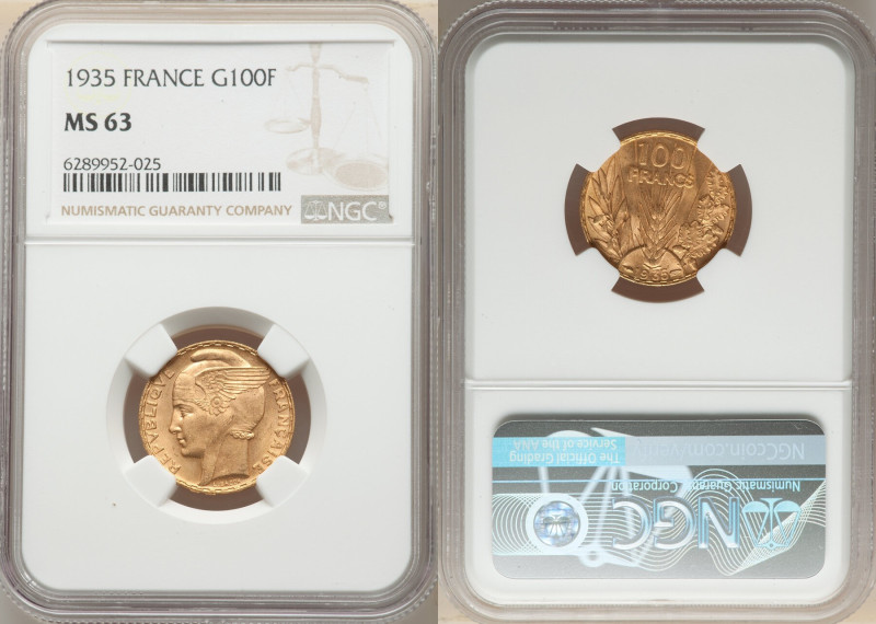 Republic gold 100 Francs 1935 MS63 NGC, Paris mint, KM880. 

HID09801242017

© 2...