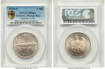 Weimar Republic "Zeppelin" 3 Mark 1930-G MS64 PCGS, Karlsruhe mint, KM67, J-342. Lowest mintage of the six German mints. Flight of the Graf Zeppelin c...