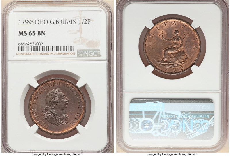 George III 1/2 Penny 1799-SOHO MS65 Brown NGC, Soho mint, KM647. 

HID0980124201...