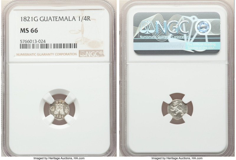 Ferdinand VII 1/4 Real 1821-G MS66 NGC, Nueva Guatemala mint, KM72. Semi-Proofli...