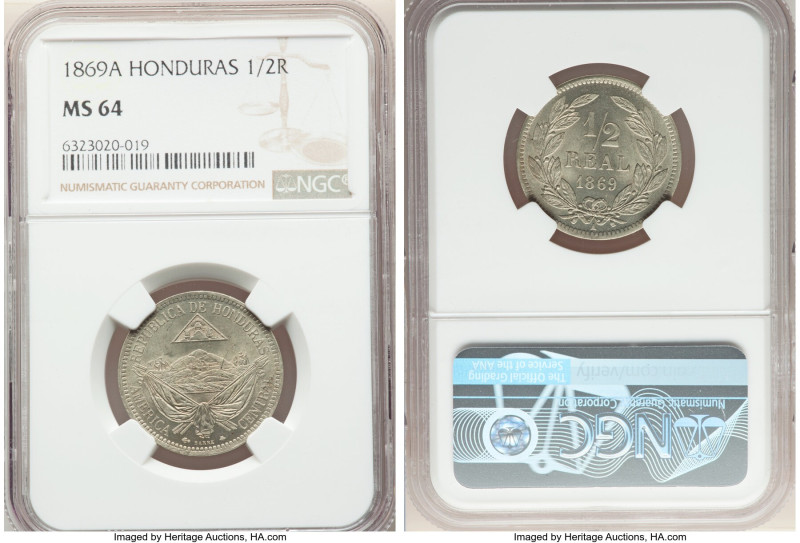 Republic 1/2 Real 1869-A MS64 NGC, Paris mint, KM32. Conservatively graded taupe...