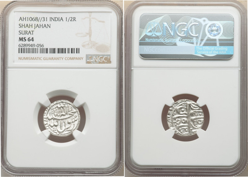 Mughal Empire. Shah Jahan 1/2 Rupee AH 1068 Year 31 (1657/1658) MS64 NGC, Surat ...