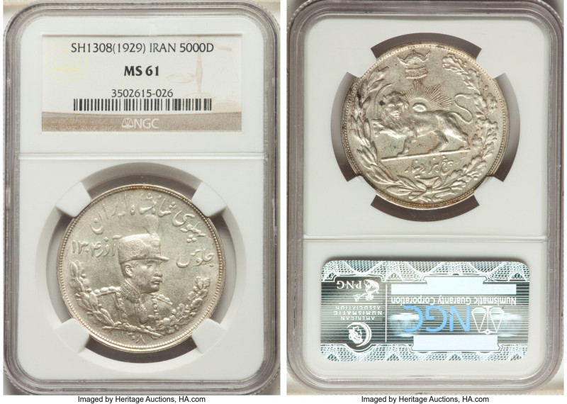 3-Piece Lot of Certified silver 5000 Dinars NGC, 1) Reza Shah 5000 Dinars SH 130...